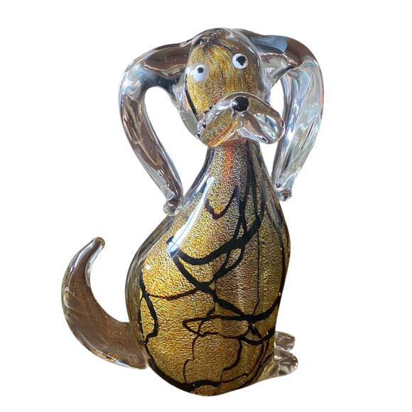 RARE 8” GCA Art Glass Murano Style Dog Puppy Sculpture Layered Gold & Black - Picture 2 of 16